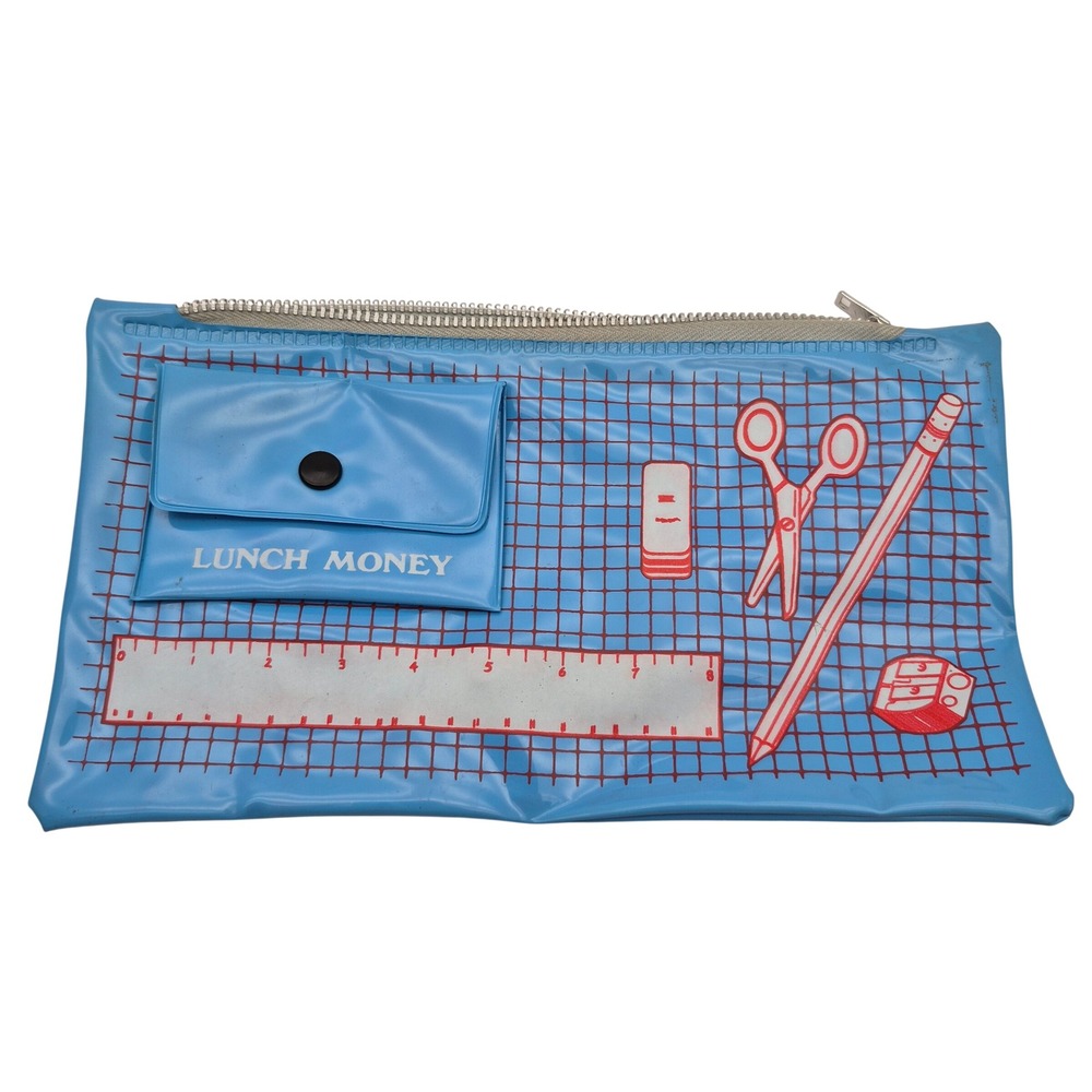 Pencil Pen Marker Pouch Case Vinyl Blue Grid Lunch Money Vintage